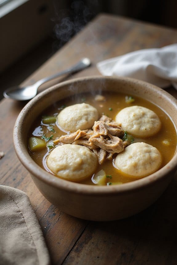 flavorful broth with dumplings