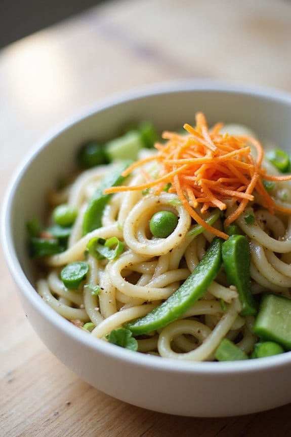 fresh udon noodle salad preparation