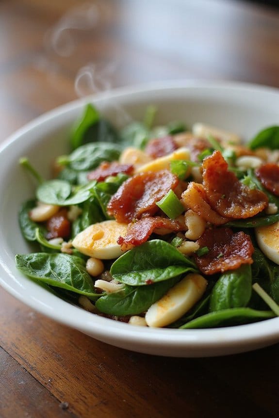 warm bacon spinach salad preparation