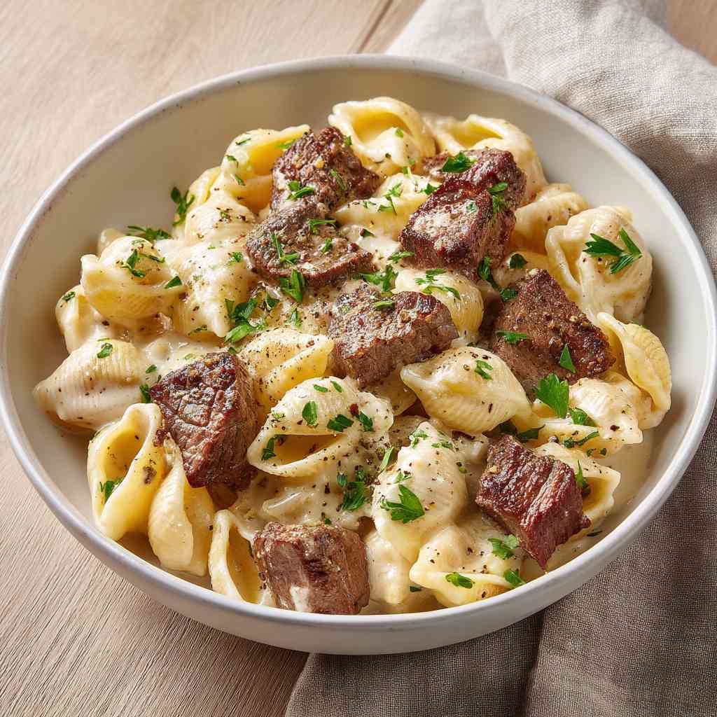 Steak Bites and Shell Pasta in Garlic Butter Alfredo Sauce variations